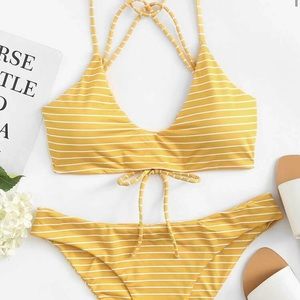 Tie back top with striped print bikini
